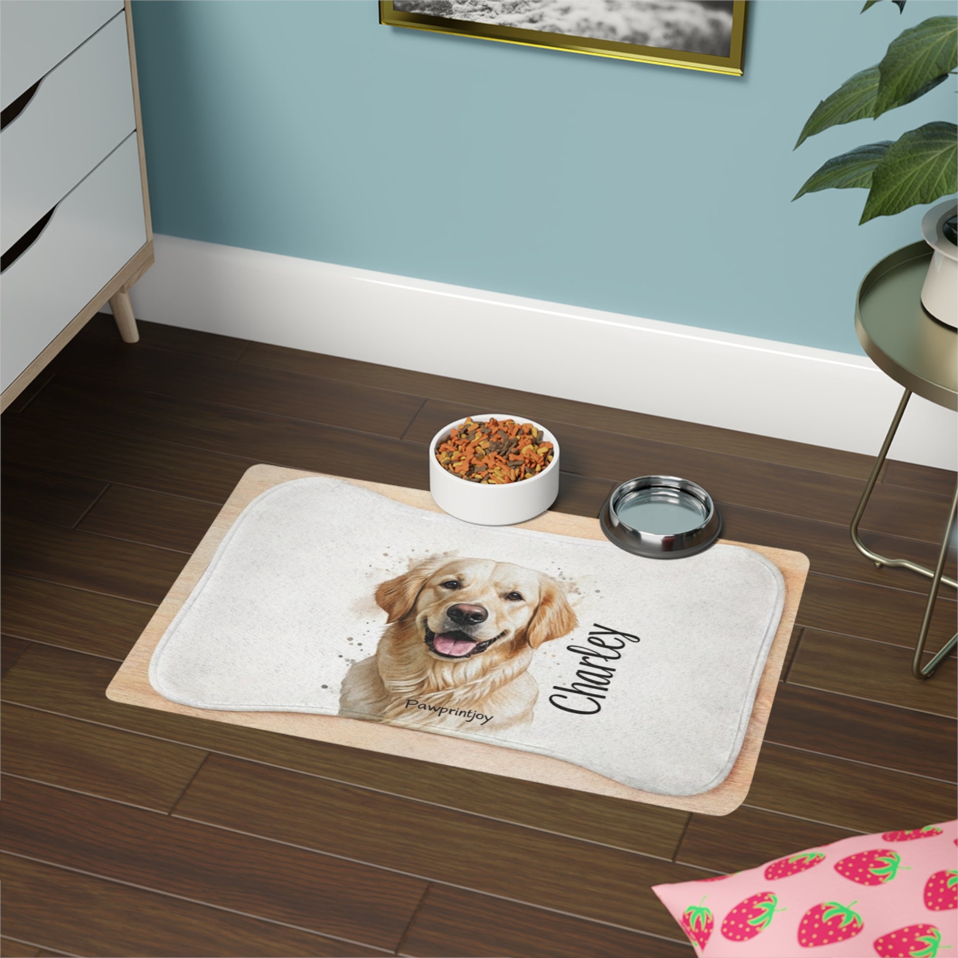Dog mat with a printed dog face and name 'Charley' on a wooden floor.